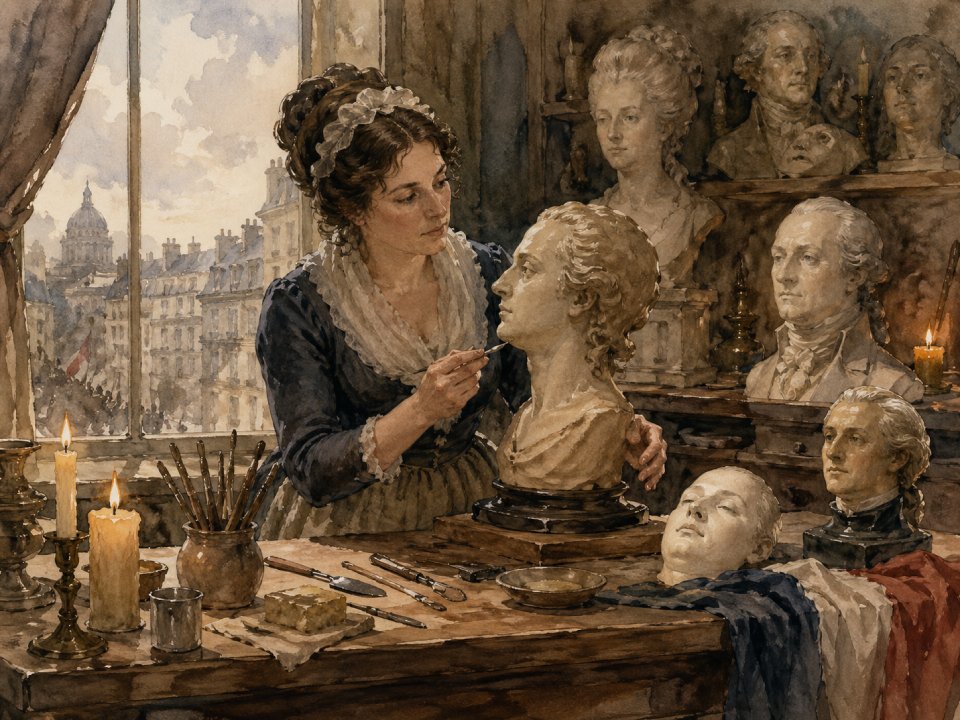 Madame Tussaud modelliert in ihrer Werkstatt eine Wachsfigur, umgeben von Büsten und Masken aus der Zeit der Französischen Revolution.