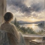 Eine Frau mit gewelltem Haar sitzt in einem gemütlichen Sessel an einem großen Fenster und beobachtet, wie sie während eines dramatischen Sonnenuntergangs auf einen ruhigen See und die Berge hinausblickt, mit Pflanzen, einer Tasse und einem Buch auf der Fensterbank.