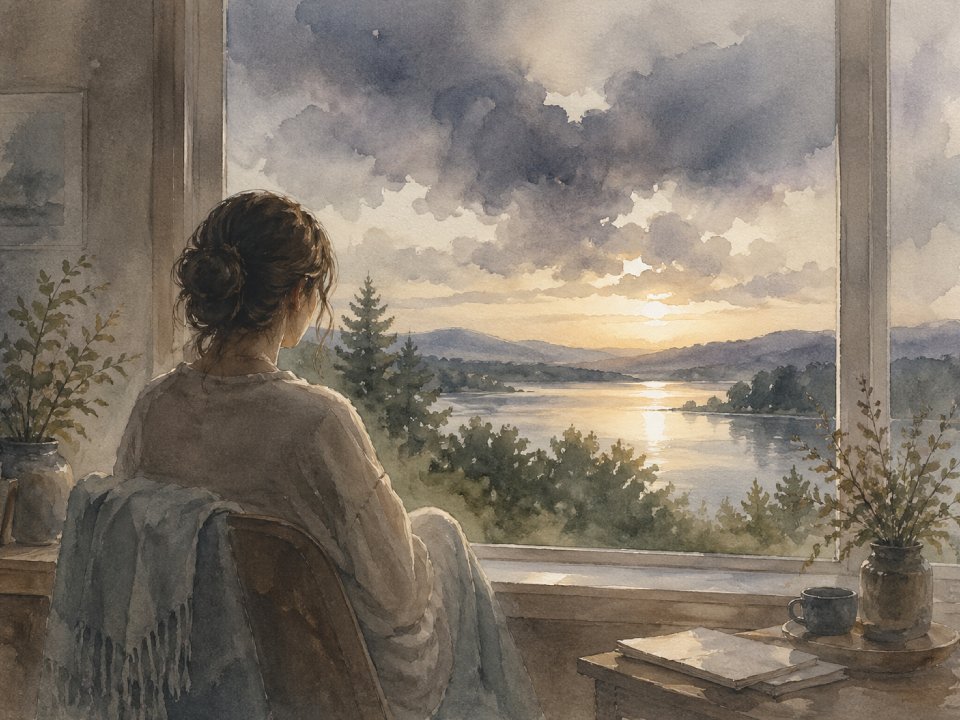 Eine Frau mit gewelltem Haar sitzt in einem gemütlichen Sessel an einem großen Fenster und beobachtet, wie sie während eines dramatischen Sonnenuntergangs auf einen ruhigen See und die Berge hinausblickt, mit Pflanzen, einer Tasse und einem Buch auf der Fensterbank.
