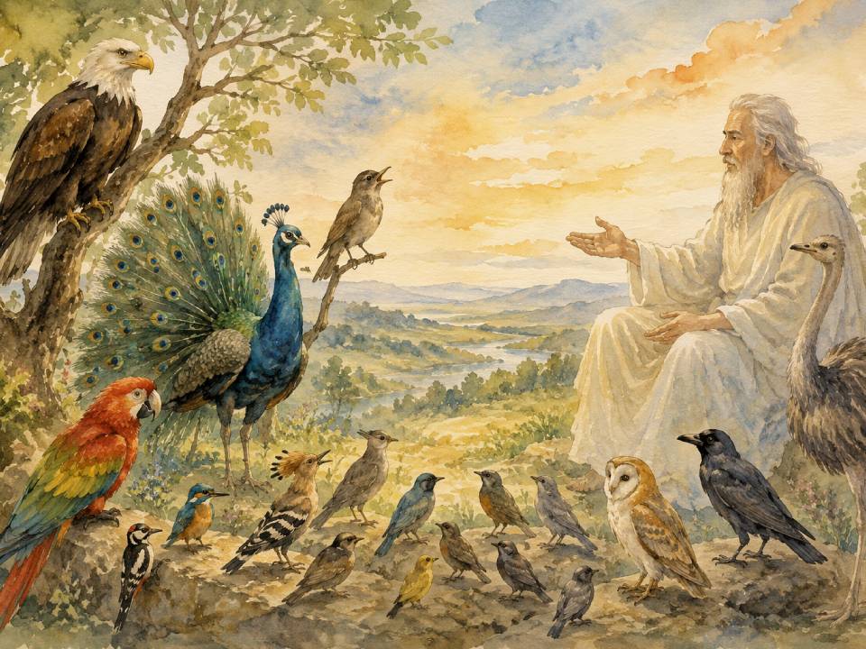 Ein älterer Mann mit langem grauen Gewand und weißem Bart sitzt im Freien und gestikuliert in Richtung einer großen Gruppe bunter Vögel – ein Pfau, ein Adler, eine Eule, ein Papagei und verschiedene Singvögel -, die alle in seiner Nähe waren. Ein älterer Mann mit langem grauen Gewand und weißem Bart sitzt im Freien und gestikuliert in Richtung einer großen Gruppe bunter Vögel - ein Pfau, ein Adler, eine Eule, ein Papagei und verschiedene Singvögel -, die alle in seiner Nähe waren.