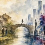 Aquarell einer Person, die über eine Steinbrücke geht, von einer ländlichen Dorfszene-Vermischung von Kunst und Kultur, in der Menschen tanzen, zu einer modernen Stadtlandschaft mit Wolkenkratzern, abstrakter Kunst und Statuen am Fluss.