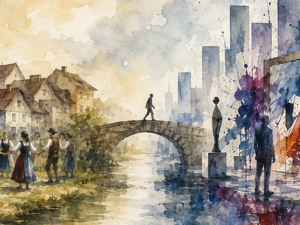 Aquarell einer Person, die über eine Steinbrücke geht, von einer ländlichen Dorfszene-Vermischung von Kunst und Kultur, in der Menschen tanzen, zu einer modernen Stadtlandschaft mit Wolkenkratzern, abstrakter Kunst und Statuen am Fluss. Aquarell einer Person, die über eine Steinbrücke geht, von einer ländlichen Dorfszene-Vermischung von Kunst und Kultur, in der Menschen tanzen, zu einer modernen Stadtlandschaft mit Wolkenkratzern, abstrakter Kunst und Statuen am Fluss.