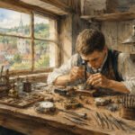 Ein Uhrmachermeister arbeitet konzentriert an einem hölzernen Schreibtisch, auf dem Werkzeuge und Uhrenteile verstreut liegen. Das Sonnenlicht fällt durch ein Fenster und gibt den Blick auf ein Dorf und grüne Hügel frei. Die Szene wirkt detailliert und historisch.