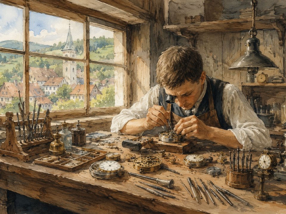 Ein Uhrmachermeister arbeitet konzentriert an einem hölzernen Schreibtisch, auf dem Werkzeuge und Uhrenteile verstreut liegen. Das Sonnenlicht fällt durch ein Fenster und gibt den Blick auf ein Dorf und grüne Hügel frei. Die Szene wirkt detailliert und historisch. Ein Uhrmachermeister arbeitet konzentriert an einem hölzernen Schreibtisch, auf dem Werkzeuge und Uhrenteile verstreut liegen. Das Sonnenlicht fällt durch ein Fenster und gibt den Blick auf ein Dorf und grüne Hügel frei. Die Szene wirkt detailliert und historisch.