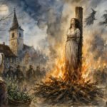Eine Frau in einem weißen Kleid wird an einen Holzpfahl gefesselt, umgeben von Flammen, während die Dorfbewohner zusehen. Bei Vollmond in der Nacht der Hexen fliegen schattenhafte Hexen über der Kirche in den rauchigen Nachthimmel.