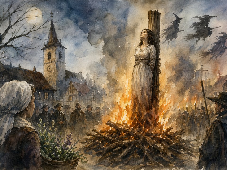 Eine Frau in einem weißen Kleid wird an einen Holzpfahl gefesselt, umgeben von Flammen, während die Dorfbewohner zusehen. Bei Vollmond in der Nacht der Hexen fliegen schattenhafte Hexen über der Kirche in den rauchigen Nachthimmel. Eine Frau in einem weißen Kleid wird an einen Holzpfahl gefesselt, umgeben von Flammen, während die Dorfbewohner zusehen. Bei Vollmond in der Nacht der Hexen fliegen schattenhafte Hexen über der Kirche in den rauchigen Nachthimmel.