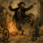 Ein wildhaariger, zerlumpter Mann tanzt bedrohlich um ein Feuer in einem steinernen Raum, während koboldartige Wesen Wolle spinnen - eine echte Märchenszene. Eine besorgte Frau, die kluge Faulenzerin, steht an der Tür und beobachtet das Geschehen.