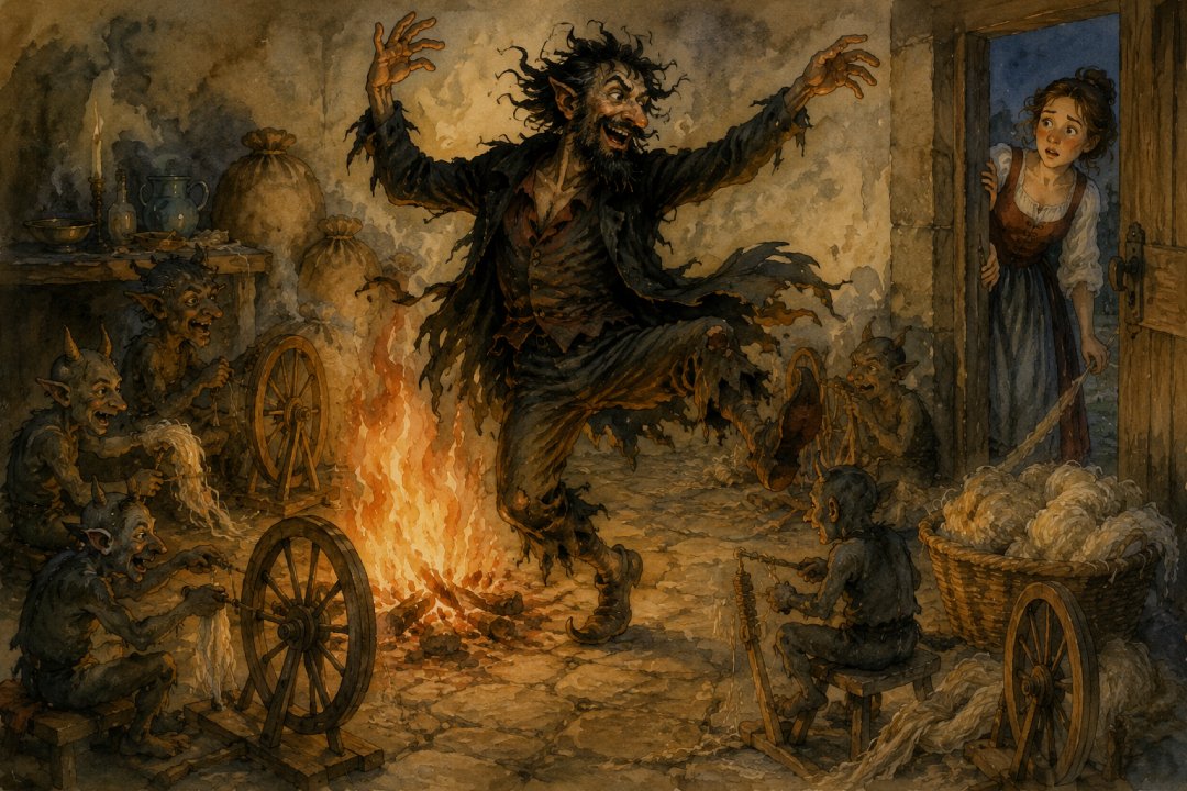 Ein wildhaariger, zerlumpter Mann tanzt bedrohlich um ein Feuer in einem steinernen Raum, während koboldartige Wesen Wolle spinnen – eine echte Märchenszene. Eine besorgte Frau, die kluge Faulenzerin, steht an der Tür und beobachtet das Geschehen. Ein wildhaariger, zerlumpter Mann tanzt bedrohlich um ein Feuer in einem steinernen Raum, während koboldartige Wesen Wolle spinnen - eine echte Märchenszene. Eine besorgte Frau, die kluge Faulenzerin, steht an der Tür und beobachtet das Geschehen.