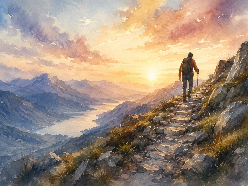 Eine Person mit Rucksack wandert bei Sonnenaufgang einen felsigen Bergpfad hinauf, die Zumutung des Lebens umarmend, mit Blick auf ein malerisches Tal mit einem Fluss und fernen Bergen unter einem bunten, bewölkten Himmel. Eine Person mit Rucksack wandert bei Sonnenaufgang einen felsigen Bergpfad hinauf, die Zumutung des Lebens umarmend, mit Blick auf ein malerisches Tal mit einem Fluss und fernen Bergen unter einem bunten, bewölkten Himmel.
