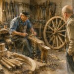 Ein älterer Mann, vielleicht ein Vater, hobelt Holz an einer Werkbank in einer rustikalen Rüschel-Wagner-Werkstatt, umgeben von Werkzeugen und Wagenrädern. Das Sonnenlicht fällt durch das Fenster und hebt die Holzspäne hervor, während ein anderer Mann das Erlebnis beobachtet.