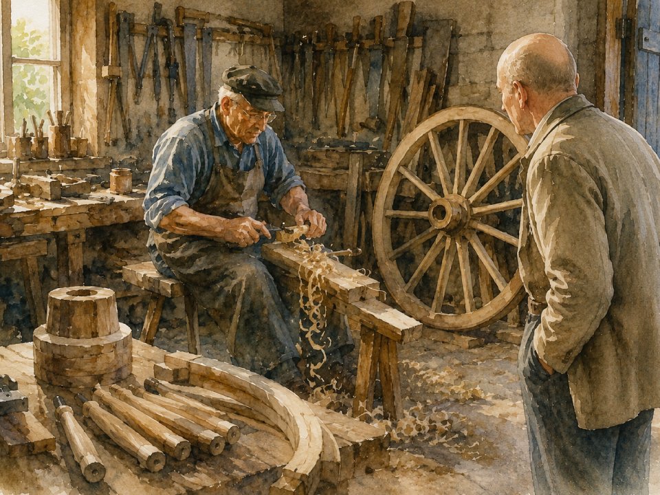 Ein älterer Mann, vielleicht ein Vater, hobelt Holz an einer Werkbank in einer rustikalen Rüschel-Wagner-Werkstatt, umgeben von Werkzeugen und Wagenrädern. Das Sonnenlicht fällt durch das Fenster und hebt die Holzspäne hervor, während ein anderer Mann das Erlebnis beobachtet. Ein älterer Mann, vielleicht ein Vater, hobelt Holz an einer Werkbank in einer rustikalen Rüschel-Wagner-Werkstatt, umgeben von Werkzeugen und Wagenrädern. Das Sonnenlicht fällt durch das Fenster und hebt die Holzspäne hervor, während ein anderer Mann das Erlebnis beobachtet.