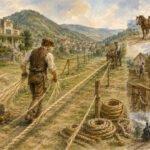 Ein Gemälde zeigt Arbeiter des Seiler-Handwerks bei der Herstellung von Seilen im Freien in einem ländlichen Dorf, mit Bauernhofszenen, einem Pferdewagen, Menschen, die Heu stapeln, und einem Dampfzug, der durch die malerische, hügelige Landschaft fährt.