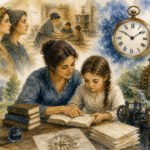 Ein Aquarell einer Frau, die einem Mädchen am Schreibtisch beim Lesen hilft, umgeben von Szenen unterdrückter Frauen aus verschiedenen Epochen, einer großen Uhr, Zahnrädern, einem Wasserrad und einer entfernten Stadtlandschaft - ein Symbol für Fortschritt und den Kampf um Frauenrechte.