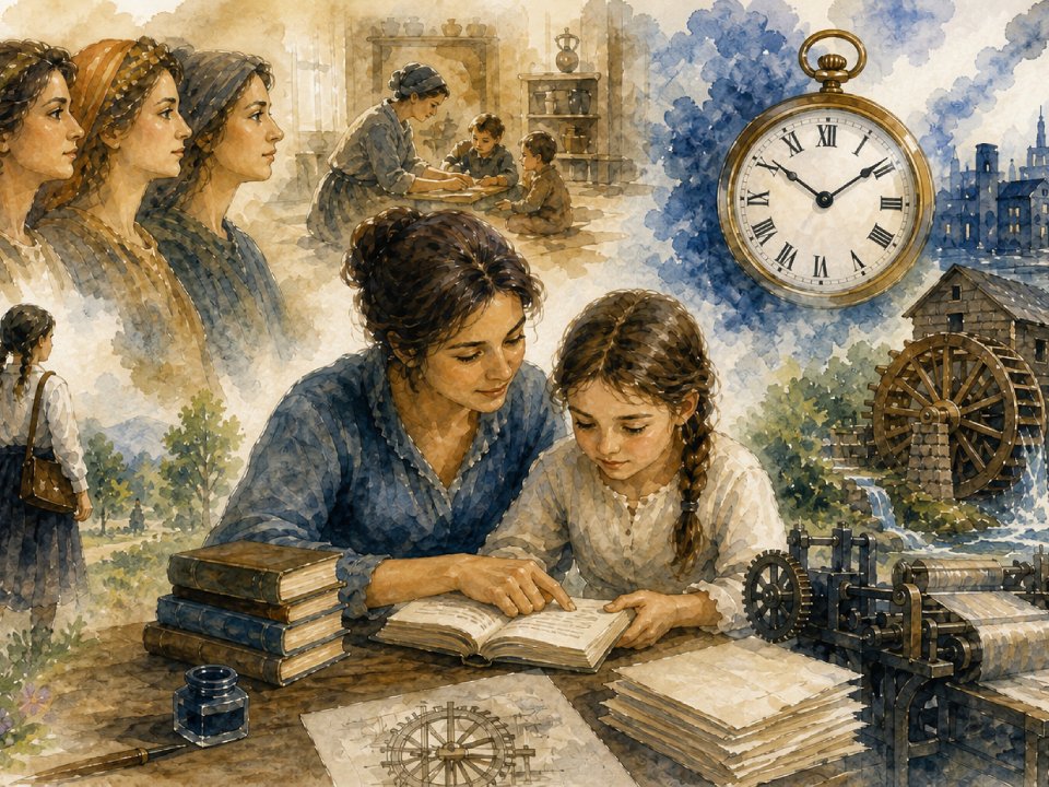 Ein Aquarell einer Frau, die einem Mädchen am Schreibtisch beim Lesen hilft, umgeben von Szenen unterdrückter Frauen aus verschiedenen Epochen, einer großen Uhr, Zahnrädern, einem Wasserrad und einer entfernten Stadtlandschaft – ein Symbol für Fortschritt und den Kampf um Frauenrechte. Ein Aquarell einer Frau, die einem Mädchen am Schreibtisch beim Lesen hilft, umgeben von Szenen unterdrückter Frauen aus verschiedenen Epochen, einer großen Uhr, Zahnrädern, einem Wasserrad und einer entfernten Stadtlandschaft - ein Symbol für Fortschritt und den Kampf um Frauenrechte.