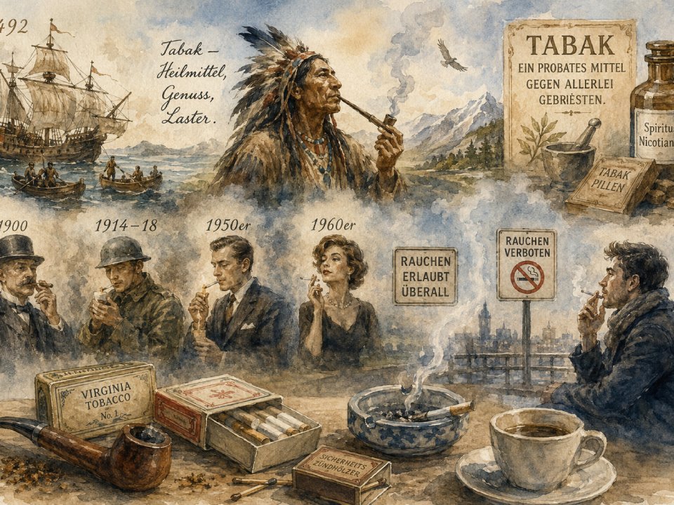 Eine Aquarellillustration zeigt den Wandel des Images des Tabaks: Pfeiferauchender Ureinwohner (1492), Heiliger Rauch, Soldaten um 1900, Menschen mit Kaffee in den 1950/60er Jahren, Tabakwerbung, Zigarettenschachteln und moderne Rauchverbotsschilder. Eine Aquarellillustration zeigt den Wandel des Images des Tabaks: Pfeiferauchender Ureinwohner (1492), Heiliger Rauch, Soldaten um 1900, Menschen mit Kaffee in den 1950/60er Jahren, Tabakwerbung, Zigarettenschachteln und moderne Rauchverbotsschilder.