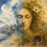 Das Aquarell ist in zwei Hälften geteilt: Die linke Seite zeigt ein männliches Gesicht, das mit einem männlichen Himmel, einer Mondsichel, Bergen und einem Schloss verschmilzt; die rechte Seite zeigt ein weibliches Gesicht mit Blättern, Blumen, einem fließenden Fluss und dem goldenen Sonnenaufgang der vergessene Erde.