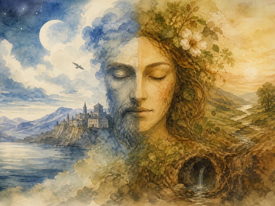 Das Aquarell ist in zwei Hälften geteilt: Die linke Seite zeigt ein männliches Gesicht, das mit einem männlichen Himmel, einer Mondsichel, Bergen und einem Schloss verschmilzt; die rechte Seite zeigt ein weibliches Gesicht mit Blättern, Blumen, einem fließenden Fluss und dem goldenen Sonnenaufgang der vergessene Erde.