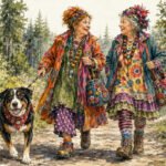 Zwei ältere Frauen in farbenfroher, gemusterter Kleidung und Schmuck spazieren zusammen in einem Wald, lächeln und halten sich an den Händen, während sie Lehren und Lernen aus der Natur genießen, während ein fröhlicher schwarz-brauner Hund an der Leine neben ihnen herläuft.