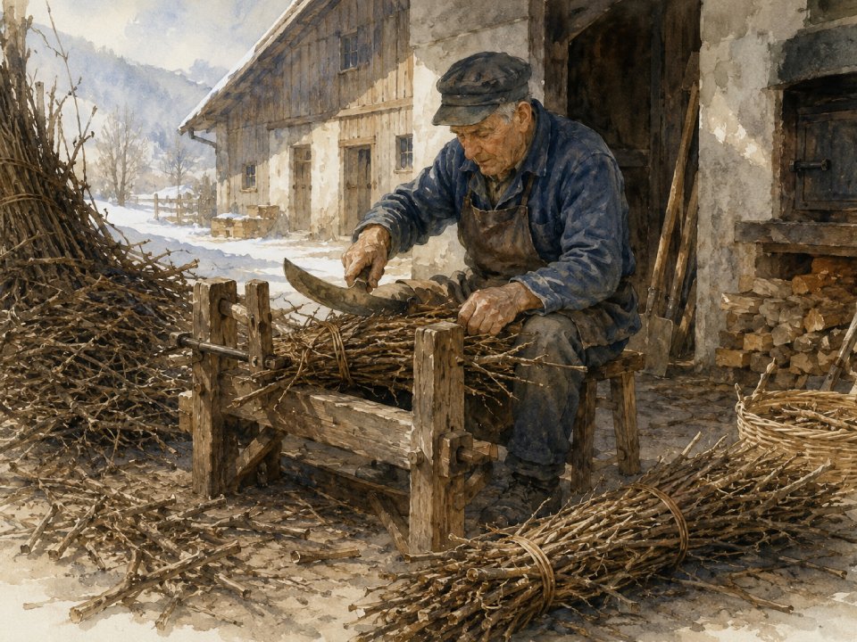 Ein älterer Großvater sitzt vor einem rustikalen Gebäude und schneidet mit einem gebogenen Messer Bündel von Stöcken auf einer hölzernen Werkbank zurecht. Der Boden ist mit Schnee bedeckt, und die Stapel von geschnittenen Stöcken in der Nähe lassen auf traditionelle Handwerkskunst schließen, die mit geschickten Wellen hergestellt wird. Ein älterer Großvater sitzt vor einem rustikalen Gebäude und schneidet mit einem gebogenen Messer Bündel von Stöcken auf einer hölzernen Werkbank zurecht. Der Boden ist mit Schnee bedeckt, und die Stapel von geschnittenen Stöcken in der Nähe lassen auf traditionelle Handwerkskunst schließen, die mit geschickten Wellen hergestellt wird.