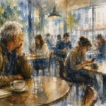 Ein Aquarell eines belebten Cafés mit Menschen, die am Telefon sitzen. Ein älterer Mann mit grauem Haar sitzt allein im Vordergrund und blickt aus dem Fenster - Kaffeetasse, Glas Wasser und Notizbuch vor sich. Wo sind die Originale geblieben?.