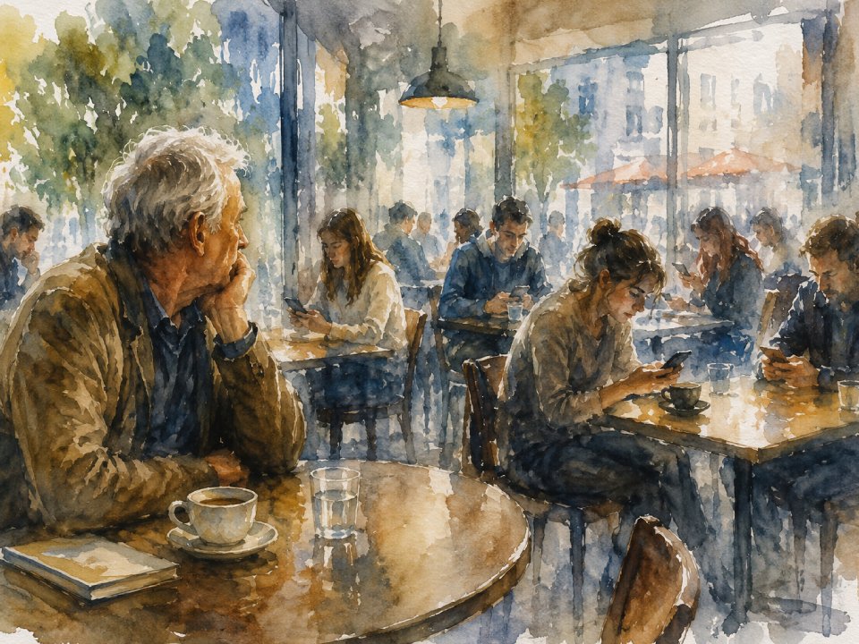 Ein Aquarell eines belebten Cafés mit Menschen, die am Telefon sitzen. Ein älterer Mann mit grauem Haar sitzt allein im Vordergrund und blickt aus dem Fenster – Kaffeetasse, Glas Wasser und Notizbuch vor sich. Wo sind die Originale geblieben?. Ein Aquarell eines belebten Cafés mit Menschen, die am Telefon sitzen. Ein älterer Mann mit grauem Haar sitzt allein im Vordergrund und blickt aus dem Fenster - Kaffeetasse, Glas Wasser und Notizbuch vor sich. Wo sind die Originale geblieben?.