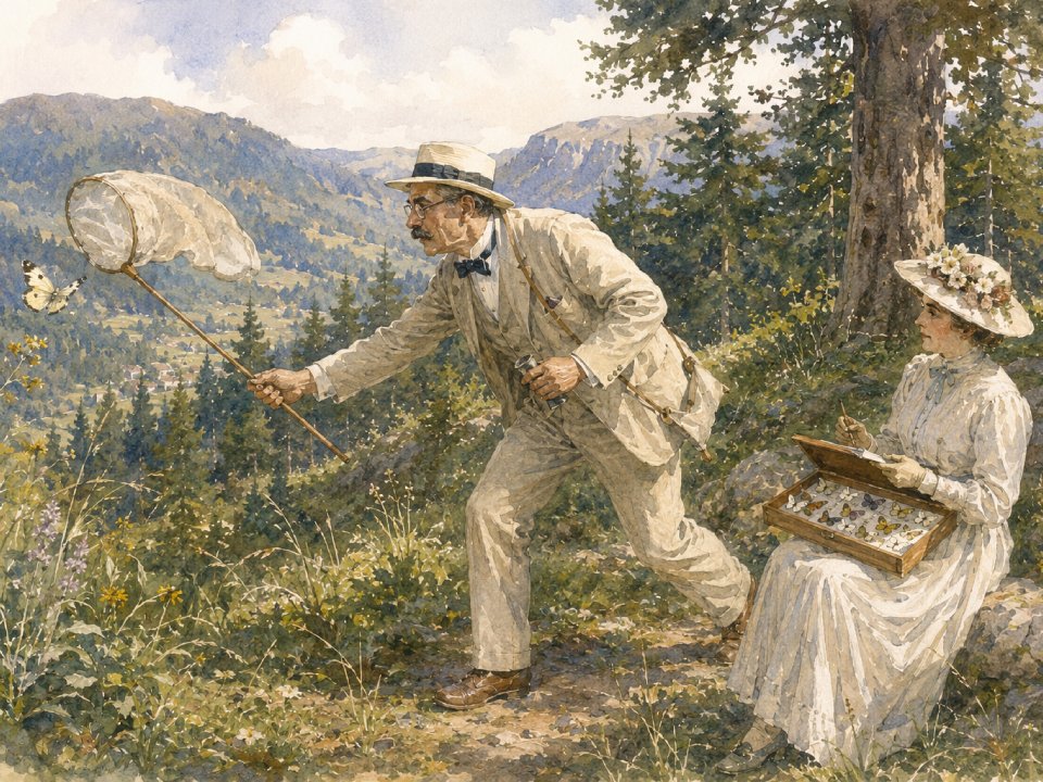 Ein Mann, zum Menschen herabgesunken in einem hellen Anzug und Hut, jagt einen Schmetterling mit einem Netz auf einer Bergwiese, während eine Frau in Weiß in der Nähe sitzt und eine Schachtel mit gesammelten Schmetterlingen hält. Der Hintergrund ist von Kiefern und Hügeln geprägt.