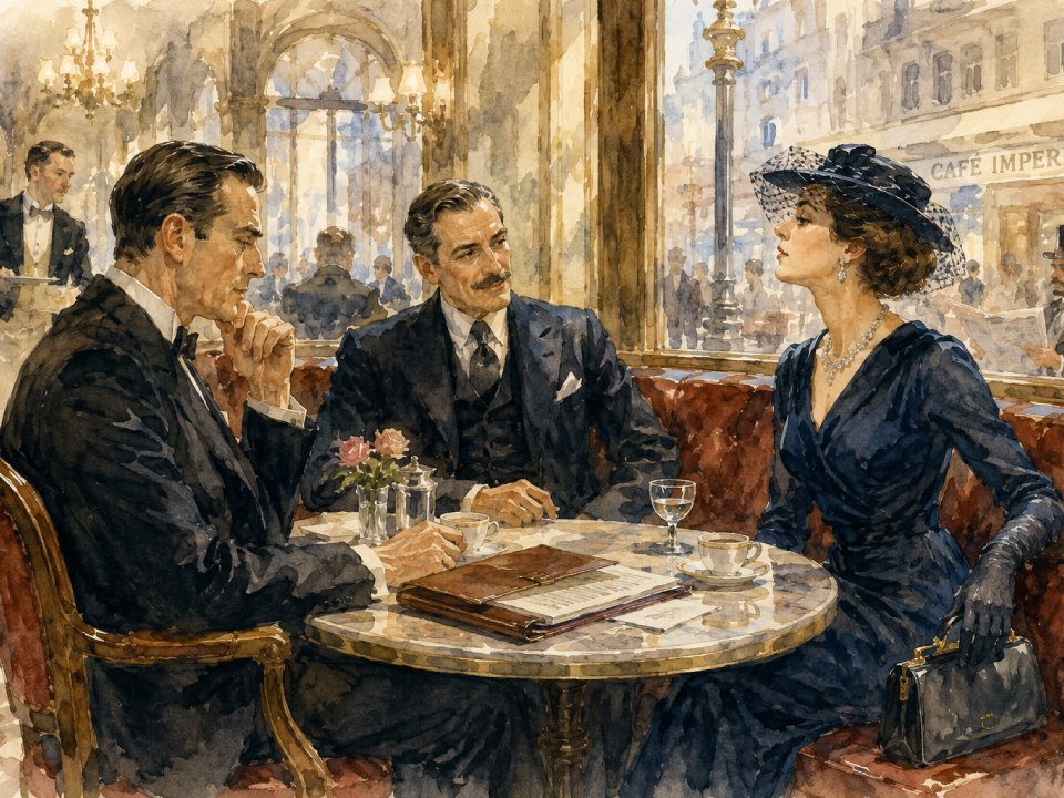 Drei elegant gekleidete Personen sitzen an einem runden Cafétisch und gehen diskreten Geschäften nach. In dem prächtigen Café im Vintage-Stil mit großen Fenstern und kunstvoller Einrichtung unterhalten sich Herr Winkelmann und seine Begleiter leise; die Frau trägt einen Hut und ein marineblaues Kleid, die Männer tragen Anzüge. Drei elegant gekleidete Personen sitzen an einem runden Cafétisch und gehen diskreten Geschäften nach. In dem prächtigen Café im Vintage-Stil mit großen Fenstern und kunstvoller Einrichtung unterhalten sich Herr Winkelmann und seine Begleiter leise; die Frau trägt einen Hut und ein marineblaues Kleid, die Männer tragen Anzüge.
