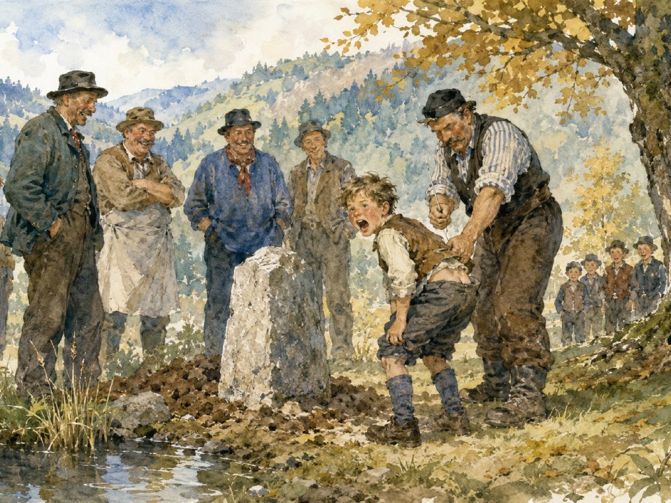 Eine Gruppe von Männern sieht zu, wie ein älterer Mann einen sich wehrenden, verzweifelten Jungen – vielleicht einen Gaxen – im Freien über einen Stein hält; andere Jungen stehen im Hintergrund unter herbstlichen Bäumen in der Nähe eines Teiches, in einer ländlichen, bergigen Umgebung, wie Mitglieder eines Ehrenpostens. Eine Gruppe von Männern sieht zu, wie ein älterer Mann einen sich wehrenden, verzweifelten Jungen – vielleicht einen Gaxen – im Freien über einen Stein hält; andere Jungen stehen im Hintergrund unter herbstlichen Bäumen in der Nähe eines Teiches, in einer ländlichen, bergigen Umgebung, wie Mitglieder eines Ehrenpostens.