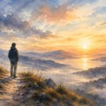 Eine Person steht auf einem Bergpfad und blickt auf einen farbenfrohen Sonnenaufgang über fernen Hügeln und einem spiegelnden See - eine heitere Landschaft im Aquarellstil, die an Die Sehnsucht nach dem Retter unter weichen, verstreuten Wolken erinnert.