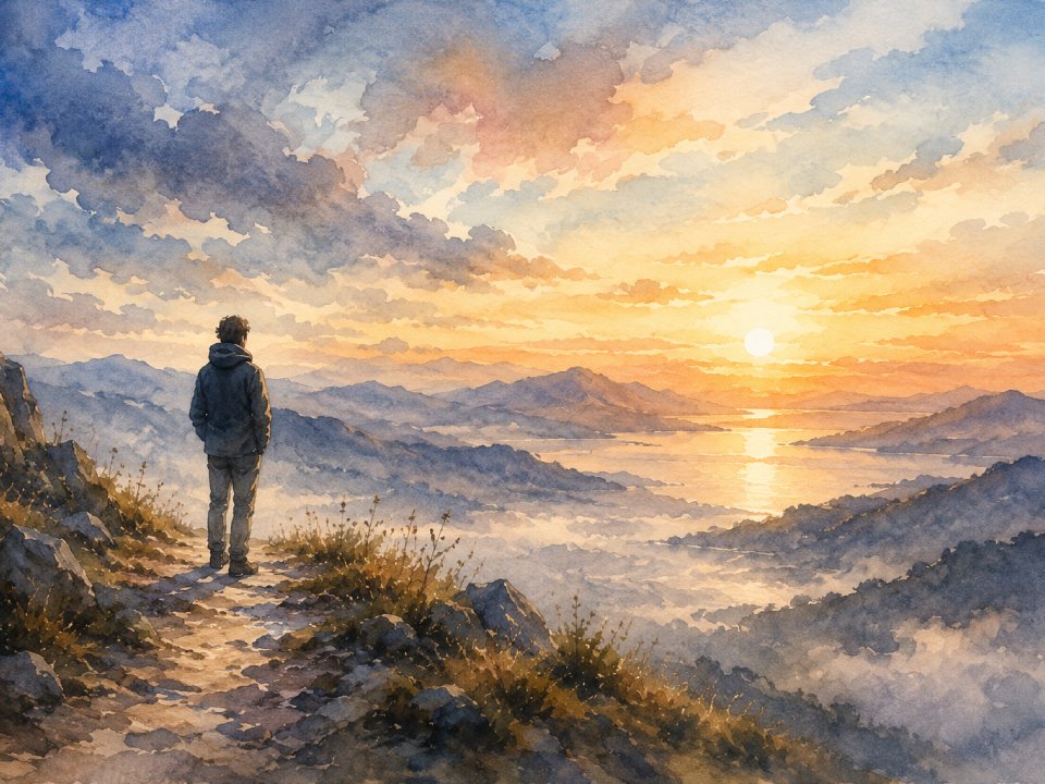 Eine Person steht auf einem Bergpfad und blickt auf einen farbenfrohen Sonnenaufgang über fernen Hügeln und einem spiegelnden See – eine heitere Landschaft im Aquarellstil, die an Die Sehnsucht nach dem Retter unter weichen, verstreuten Wolken erinnert. Eine Person steht auf einem Bergpfad und blickt auf einen farbenfrohen Sonnenaufgang über fernen Hügeln und einem spiegelnden See - eine heitere Landschaft im Aquarellstil, die an Die Sehnsucht nach dem Retter unter weichen, verstreuten Wolken erinnert.