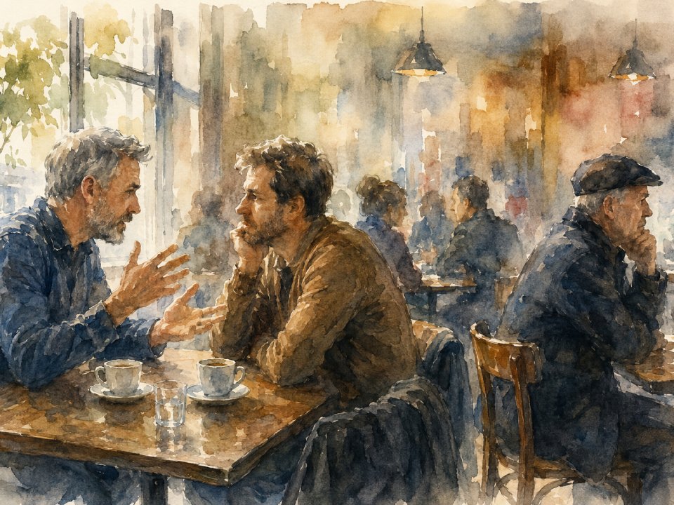 Zwei Männer sitzen an einem Cafétisch und unterhalten sich bei einer Tasse Kaffee, während im Hintergrund andere Gäste zu sehen sind. Die warme, sanft beleuchtete Aquarellszene weckt die Lust auf Begegnungen und lädt zum Verweilen und zur Aufhellung der Stimmung ein. Zwei Männer sitzen an einem Cafétisch und unterhalten sich bei einer Tasse Kaffee, während im Hintergrund andere Gäste zu sehen sind. Die warme, sanft beleuchtete Aquarellszene weckt die Lust auf Begegnungen und lädt zum Verweilen und zur Aufhellung der Stimmung ein.
