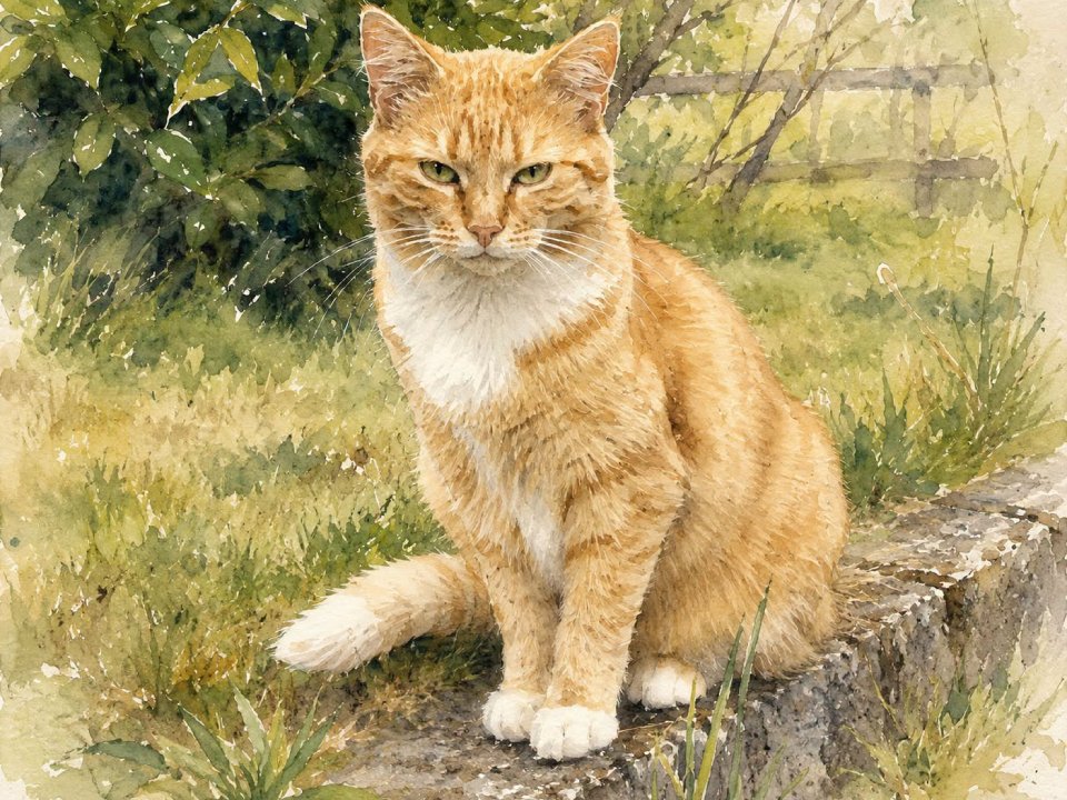 Ein Bild im Aquarellstil, das eine orangefarbene Tabbykatze namens Luzi mit weißer Brust und weißen Pfoten zeigt, die auf einem Steinvorsprung in einem grasbewachsenen Garten sitzt und inmitten von grünem Laub und einem Holzzaun im Hintergrund Liebe und Wärme ausstrahlt. Ein Bild im Aquarellstil, das eine orangefarbene Tabbykatze namens Luzi mit weißer Brust und weißen Pfoten zeigt, die auf einem Steinvorsprung in einem grasbewachsenen Garten sitzt und inmitten von grünem Laub und einem Holzzaun im Hintergrund Liebe und Wärme ausstrahlt.