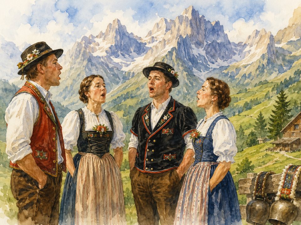 Vier Menschen in traditioneller Alpenkleidung führen im Freien ein Naturjodeln vor, wobei ihre Stimmen durch die Täler hallen. Zwei Männer und zwei Frauen stehen zusammen vor einer Kulisse aus Bergen und Hügeln und tragen Westen, Hüte und Kleider mit Blumenmustern. Vier Menschen in traditioneller Alpenkleidung führen im Freien ein Naturjodeln vor, wobei ihre Stimmen durch die Täler hallen. Zwei Männer und zwei Frauen stehen zusammen vor einer Kulisse aus Bergen und Hügeln und tragen Westen, Hüte und Kleider mit Blumenmustern.