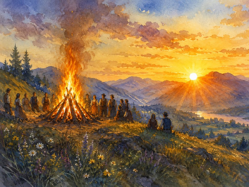 Bei Sonnenuntergang versammelt sich eine Gruppe von Menschen um ein großes Lagerfeuer auf einem grasbewachsenen Hügel, genießt die Sonne und das pulsierende Leben, umgeben von Wildblumen und Bergen, während sich unten im Tal ein Fluss schlängelt. Bei Sonnenuntergang versammelt sich eine Gruppe von Menschen um ein großes Lagerfeuer auf einem grasbewachsenen Hügel, genießt die Sonne und das pulsierende Leben, umgeben von Wildblumen und Bergen, während sich unten im Tal ein Fluss schlängelt.