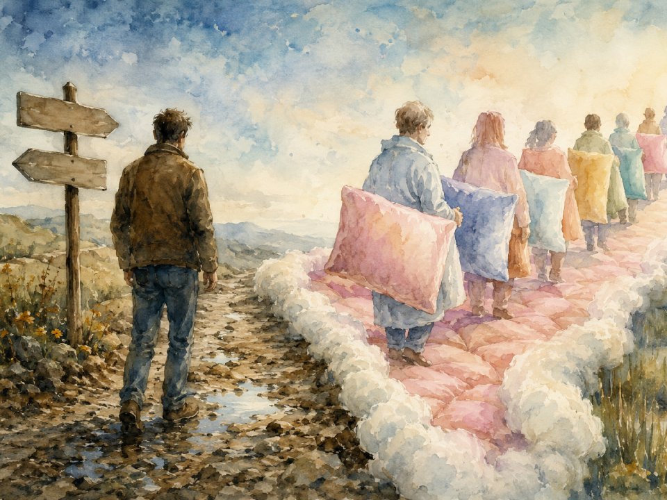 Ein Mann steht an einer Gabelung eines schlammigen Weges und beobachtet Menschen mit Schutzhelm, die auf einem wolkenähnlichen, bunten Weg gehen und Kissen halten. Ein hölzerner Wegweiser zeigt in zwei Richtungen unter einem hellen, teilweise bewölkten Himmel.