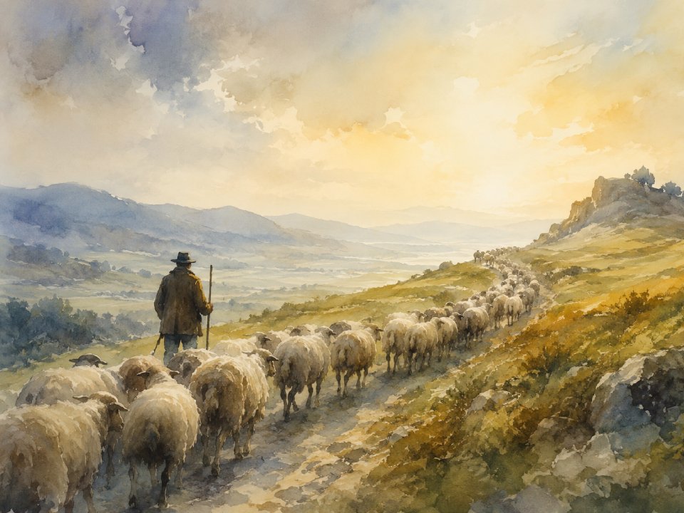 Ein Hirte, der starke Hirte, geht bei Sonnenaufgang einen Feldweg entlang und führt eine große Schafherde durch sanfte Hügel und grasbewachsene Felder, in der Ferne sind die Berge unter einem goldenen Himmel zu sehen. Ein Hirte, der starke Hirte, geht bei Sonnenaufgang einen Feldweg entlang und führt eine große Schafherde durch sanfte Hügel und grasbewachsene Felder, in der Ferne sind die Berge unter einem goldenen Himmel zu sehen.
