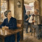 Eine Frau sitzt mit einem Getränk an einem Holztisch und beobachtet einen Akkordeonspieler, der zusammen mit einer Band in einem gemütlichen Café Walzer spielt, während andere Gäste zuschauen und durch die offene Tür Herbstbäume zu sehen sind – eine Szene, die sie nicht vergaß.