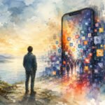 Eine Person steht bei Sonnenuntergang am Seeufer und blickt auf ein riesiges Smartphone. Unzählige Menschen gehen in das Smartphone hinein, das bunte Social-Media-Symbole ausstrahlt, und veranschaulichen so stillschweigend eine stille Enteignung der Aufmerksamkeit, während die Realität mit dem digitalen Leben verschmilzt.