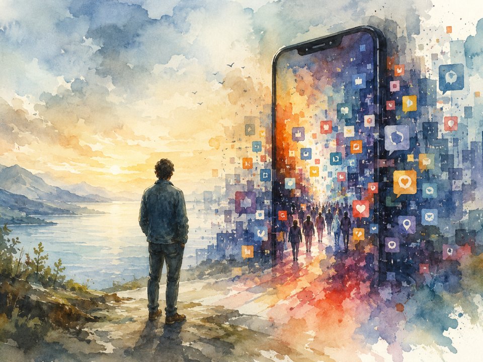 Eine Person steht bei Sonnenuntergang am Seeufer und blickt auf ein riesiges Smartphone. Unzählige Menschen gehen in das Smartphone hinein, das bunte Social-Media-Symbole ausstrahlt, und veranschaulichen so stillschweigend eine stille Enteignung der Aufmerksamkeit, während die Realität mit dem digitalen Leben verschmilzt. Eine Person steht bei Sonnenuntergang am Seeufer und blickt auf ein riesiges Smartphone. Unzählige Menschen gehen in das Smartphone hinein, das bunte Social-Media-Symbole ausstrahlt, und veranschaulichen so stillschweigend eine stille Enteignung der Aufmerksamkeit, während die Realität mit dem digitalen Leben verschmilzt.