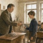 Ein Lehrer reicht einem Jungen, der neben seinem Pult im Klassenzimmer steht, ein Säcklein, während andere Jungen, die an ihren Pulten sitzen, neugierig zuschauen. Der Raum, der in sanftes Licht aus den großen Fenstern getaucht ist, strahlt eine warme, nostalgische Atmosphäre aus, die von Tradition und Vertrauen zwischen Schülern und Lehrer zeugt.