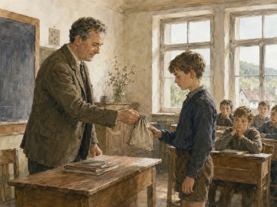 Ein Lehrer reicht einem Jungen, der neben seinem Pult im Klassenzimmer steht, ein Säcklein, während andere Jungen, die an ihren Pulten sitzen, neugierig zuschauen. Der Raum, der in sanftes Licht aus den großen Fenstern getaucht ist, strahlt eine warme, nostalgische Atmosphäre aus, die von Tradition und Vertrauen zwischen Schülern und Lehrer zeugt. Ein Lehrer reicht einem Jungen, der neben seinem Pult im Klassenzimmer steht, ein Säcklein, während andere Jungen, die an ihren Pulten sitzen, neugierig zuschauen. Der Raum, der in sanftes Licht aus den großen Fenstern getaucht ist, strahlt eine warme, nostalgische Atmosphäre aus, die von Tradition und Vertrauen zwischen Schülern und Lehrer zeugt.