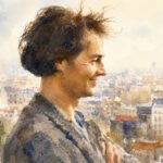 Ein Aquarell von Ernst Schneider, einem lächelnden Mann mit zerzaustem Haar, der im Profil mit verschränkten Armen dasteht und auf eine Stadtlandschaft mit Gebäuden und einem dunstigen Himmel im Hintergrund blickt.