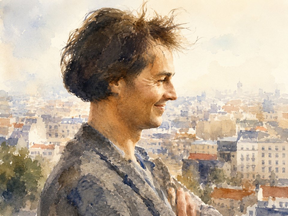 Ein Aquarell von Ernst Schneider, einem lächelnden Mann mit zerzaustem Haar, der im Profil mit verschränkten Armen dasteht und auf eine Stadtlandschaft mit Gebäuden und einem dunstigen Himmel im Hintergrund blickt. Ein Aquarell von Ernst Schneider, einem lächelnden Mann mit zerzaustem Haar, der im Profil mit verschränkten Armen dasteht und auf eine Stadtlandschaft mit Gebäuden und einem dunstigen Himmel im Hintergrund blickt.