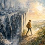 Eine einsame Person mit einem gelben Rucksack, die stille Intelligenz verkörpert, verlässt ein graues, überfülltes Büro-Labyrinth – vielleicht einen Betrieb voller endloser Routine – und betritt eine farbenfrohe, sonnendurchflutete Landschaft mit Bergen, Bäumen und Vögeln, die am Himmel fliegen.