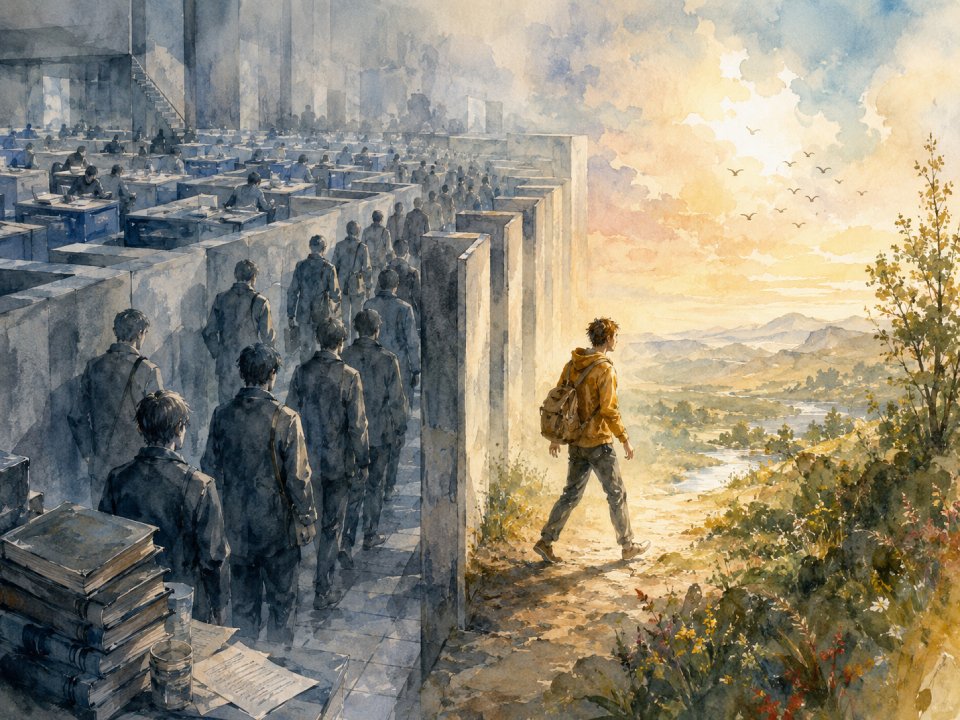 Eine einsame Person mit einem gelben Rucksack, die stille Intelligenz verkörpert, verlässt ein graues, überfülltes Büro-Labyrinth – vielleicht einen Betrieb voller endloser Routine – und betritt eine farbenfrohe, sonnendurchflutete Landschaft mit Bergen, Bäumen und Vögeln, die am Himmel fliegen. Eine einsame Person mit einem gelben Rucksack, die stille Intelligenz verkörpert, verlässt ein graues, überfülltes Büro-Labyrinth – vielleicht einen Betrieb voller endloser Routine – und betritt eine farbenfrohe, sonnendurchflutete Landschaft mit Bergen, Bäumen und Vögeln, die am Himmel fliegen.