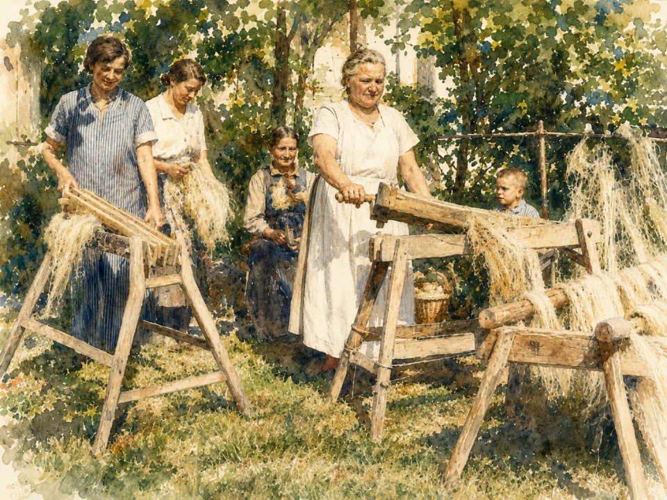Vier Frauen in altmodischer Kleidung, die an traditionelle Trachten aus dem Oberbaselbiet erinnert, bearbeiten im Freien mit Holzwerkzeugen Flachsfasern, während ein Junge und eine weitere Frau zuschauen. Umgeben von grünen Bäumen, durch deren Blätter das Sonnenlicht scheint, zeigen sie, wie Bauernfamilien früher ihre Kleidung selbst herstellten.