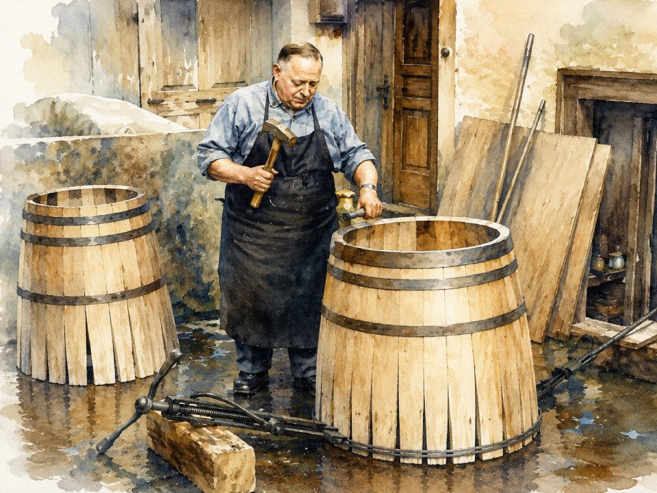 Ein älterer Mann in einer Schürze arbeitet im Freien mit einem Hammer an einem großen, dichten Fass. Ein weiteres fertiges Fass und Holzbearbeitungswerkzeuge stehen daneben und erinnern an die Tradition der Weinbauhandwerkskunst, während im Hintergrund ein rustikales Gebäude zu sehen ist. Ein älterer Mann in einer Schürze arbeitet im Freien mit einem Hammer an einem großen, dichten Fass. Ein weiteres fertiges Fass und Holzbearbeitungswerkzeuge stehen daneben und erinnern an die Tradition der Weinbauhandwerkskunst, während im Hintergrund ein rustikales Gebäude zu sehen ist.