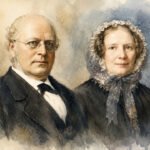 Ein Aquarellporträt eines älteren Mannes mit Brille und im Anzug neben einer Frau mit Spitzenhaube und dunklem Kleid, die beide den Betrachter mit ausdruckslosen Gesichtern anblicken, erinnert an die stille Selbstbeobachtung in „Der Stein unter dem Rad“, vor einem sanften, gedämpften Hintergrund.