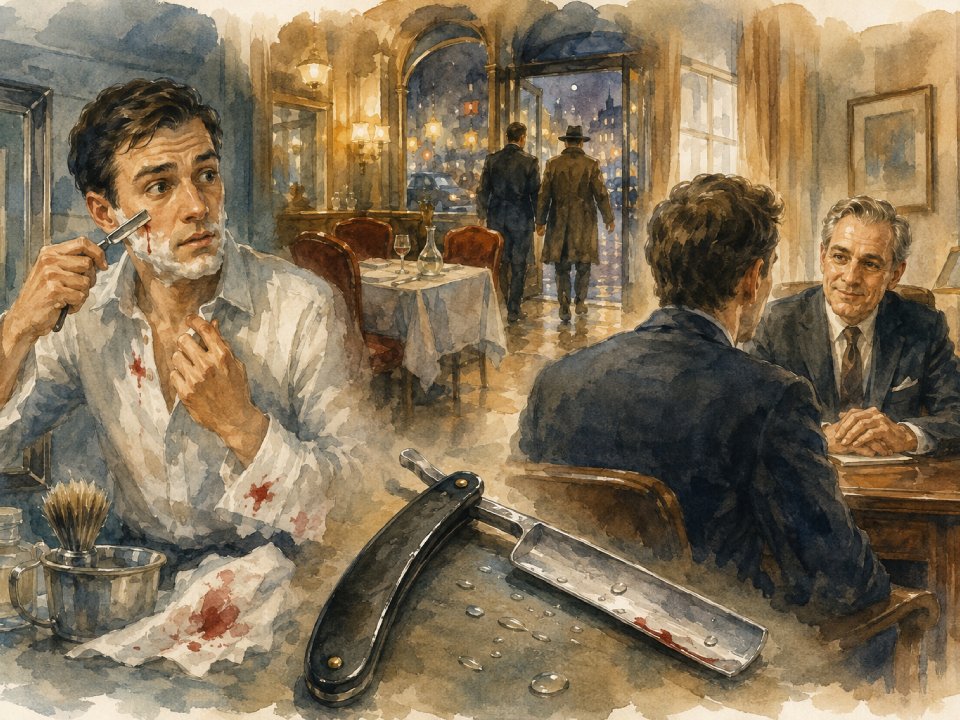 Ein besorgter Mann mit Rasierwunden sitzt in einem Restaurant und beklagt sein Pech, während er sich mit einem anderen Mann unterhält. Im Hintergrund treten zwei Männer in Mänteln auf eine regnerische, von Straßenlaternen beleuchtete Straße hinaus. Ein blutbeflecktes Rasiermesser liegt auf dem Tisch – eine eindringliche Erinnerung daran, dass manchmal sogar die Aussicht auf besseres Glück entschwindet. Ein besorgter Mann mit Rasierwunden sitzt in einem Restaurant und beklagt sein Pech, während er sich mit einem anderen Mann unterhält. Im Hintergrund treten zwei Männer in Mänteln auf eine regnerische, von Straßenlaternen beleuchtete Straße hinaus. Ein blutbeflecktes Rasiermesser liegt auf dem Tisch – eine eindringliche Erinnerung daran, dass manchmal sogar die Aussicht auf besseres Glück entschwindet.