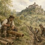 Männer in rustikaler Kleidung schnitzen und montieren Holzrohre, um einen Wasserkanal quer durch eine grasbewachsene Landschaft zu bauen; ihre Bemühungen gleichen einem „automatisch gespeicherten Entwurf“ – einem automatisch gespeicherten Entwurf voller Einfallsreichtum und Zusammenarbeit. In der Nähe plätschert ein kleiner Wasserfall, und in der Ferne thront unter einem bewölkten Himmel eine Burg auf einem Hügel.